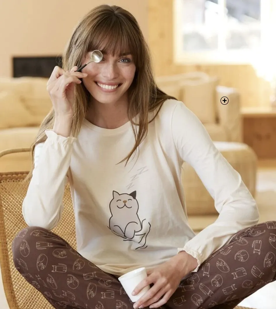 Pyjama d'hiver femme à manches longues motif chat pas cher | Blancheporte