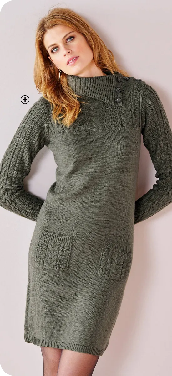 Robe pull en maille torsadée à manches longues – look cosy et féminin, à porter avec des ballerines plates ou des bottes hautes pour un style automnal raffiné