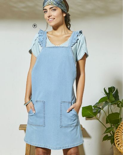 Robe salopette femme à bretelles volantées en jean bleu pas cher | Blancheporte