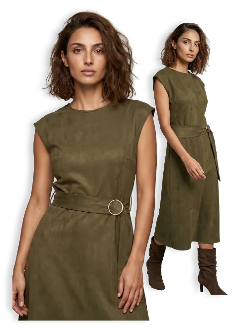 Robe longue kaki évasée, sans manches, suédine - Blog Blancheporte
