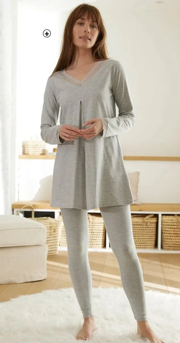 Pyjama femme confortable pour rester à la maison en coton uni et dentelle gris pas cher | Blancheporte