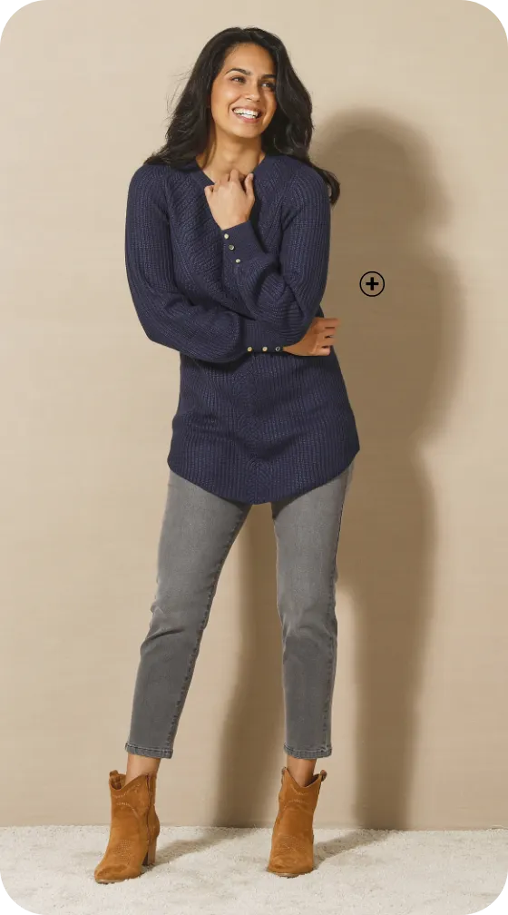 Pull long façon tunique en maille fantaisie, à ceinturer pour structurer la silhouette ronde | Blancheporte