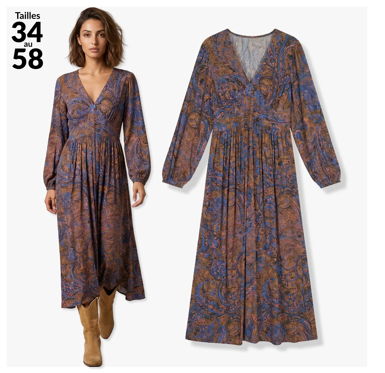 Robe longue col V, crépon imprimé fleurs indiennes chocolat et bleu - Blog Blancheporte