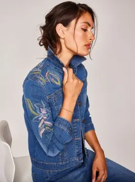 Veste en jean femme de mi saison à dos brodé bleu pas cher | Blancheporte