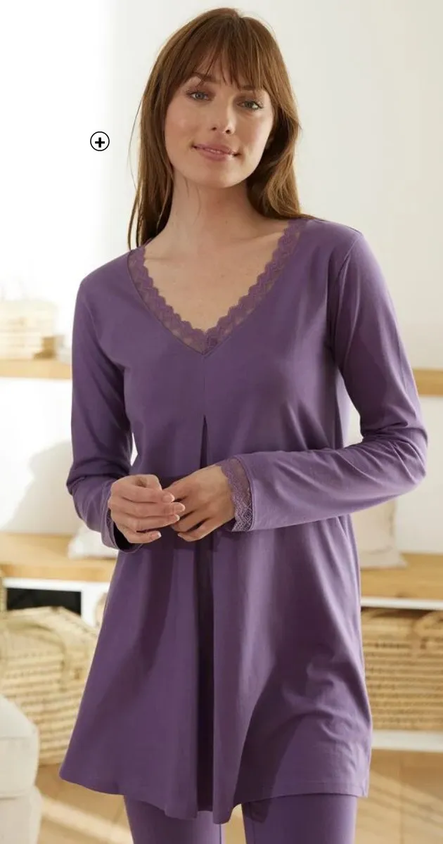 Pyjama femme confortable pour rester à la maison en coton uni et dentelle violet pas cher | Blancheporte