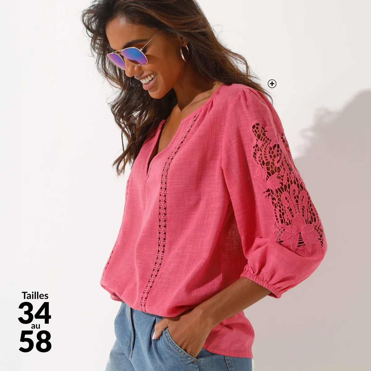 Blouse unie avec détails macramé et manches brodées pour un style bohème élégant - Blog Blancheporte