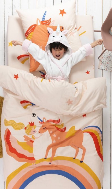 Linge de lit enfant princesse et licorne en coton Linge de lit enfant Colombine des Petits® imprimé princesse et licorne en coton Oeko-Tex® rose pas cher | Blancheporte