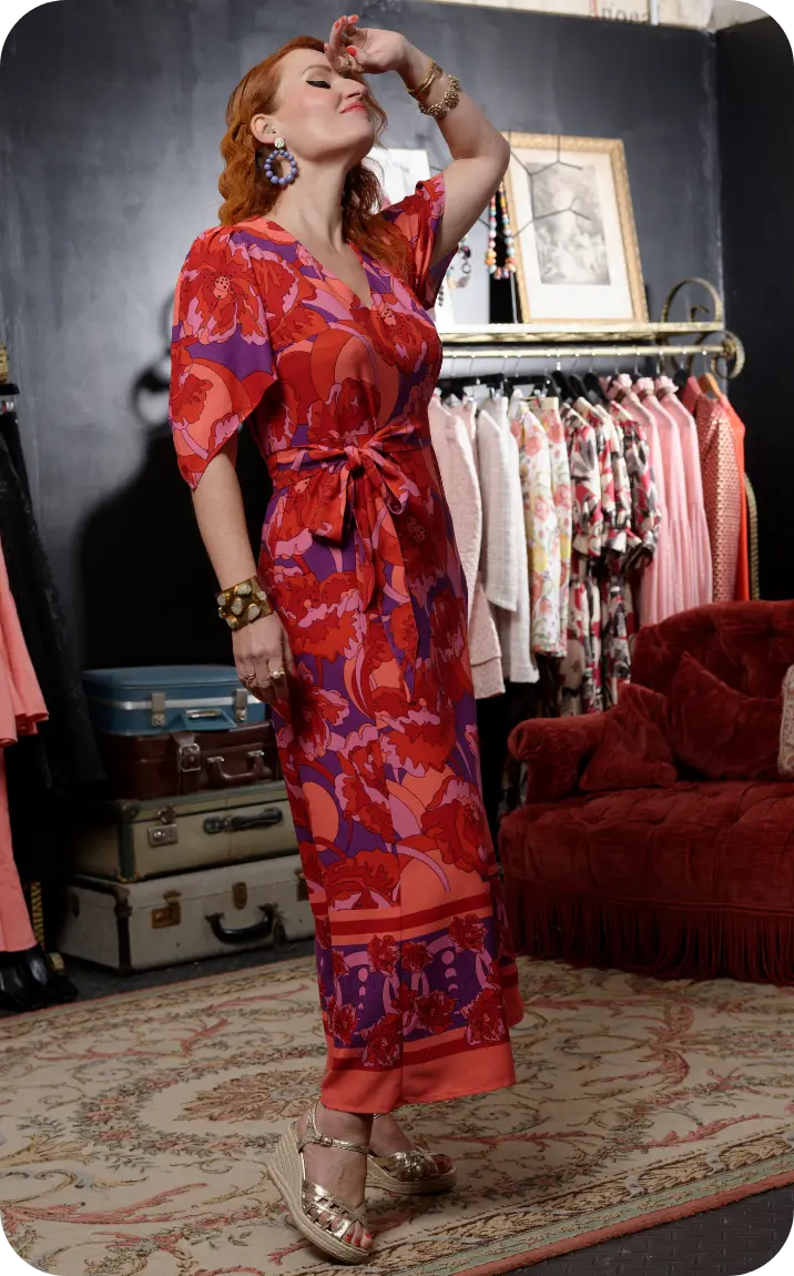 Robe longue imprimée rouge et violet Oracle | Collection Blancheporte x Marilyn Feltz