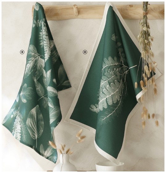 Torchons cuisine verts imprimé feuilles 50 x 70 cm coton bio Made in France pas cher - Blancheporte