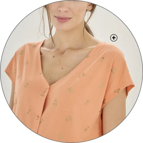 T-shirt col V boutonné, imprimé cerises dorées, coton et jersey, manches courtes, coloris orange et or - Blog Blancheporte