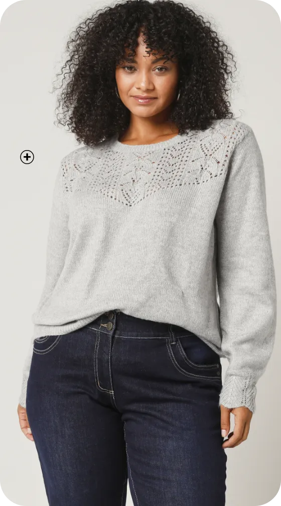 Pull col rond en maille ajourée toucher doux, coupe confortable et féminine pour femmes rondes | Blancheporte