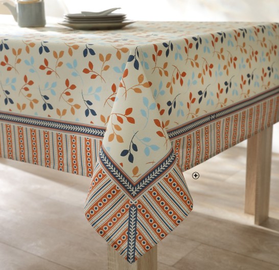 Nappe de table beige imprimé fleurs coton bio Made in France pas cher - Blancheporte