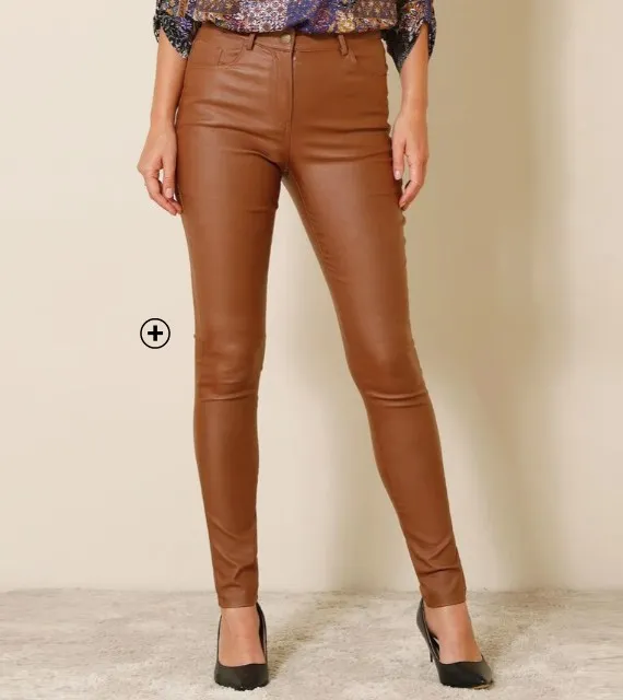 Pantalon femme fuselé enduit extensible caramel pas cher | Blancheporte