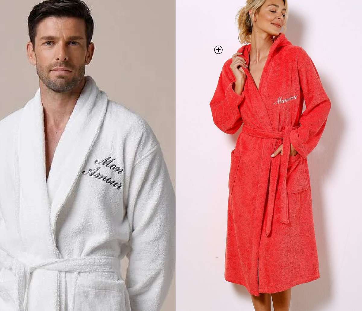 Peignoir personnalisable femme et homme Colombine® éponge col capuche rouge corail pas cher | Blancheporte