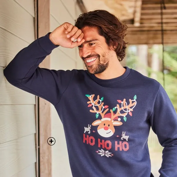 Sweat de Noël homme à imprimé renne en molletin gratté bleu marine pas cher | Blancheporte
