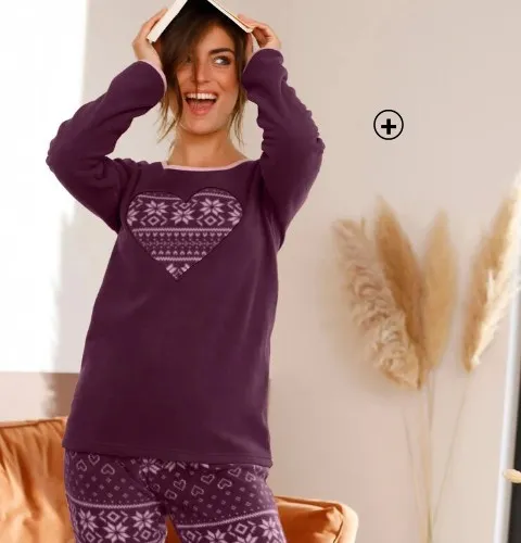 Ensemble pyjama femme en maille polaire à manches longues à imprimé coeurs violet pas cher | Blancheporte