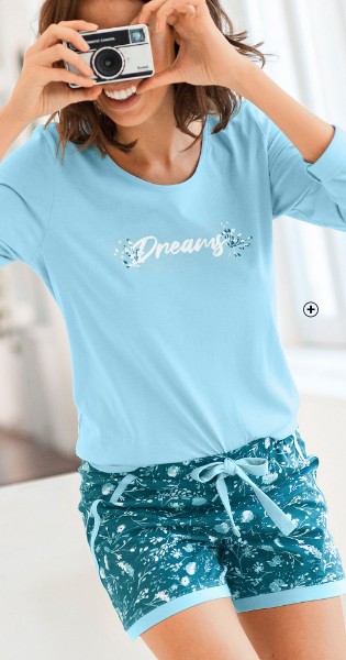 Short de pyjama femme bleu imprimé fleurs coton taille élastique pas cher - Blancheporte