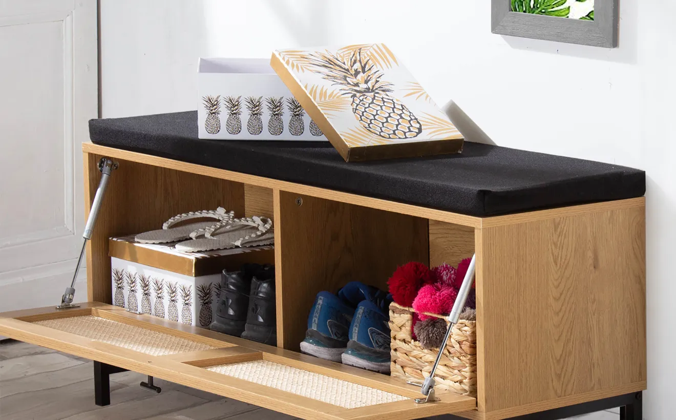 Banc de rangement en bois et rotin - Blog Blancheporte