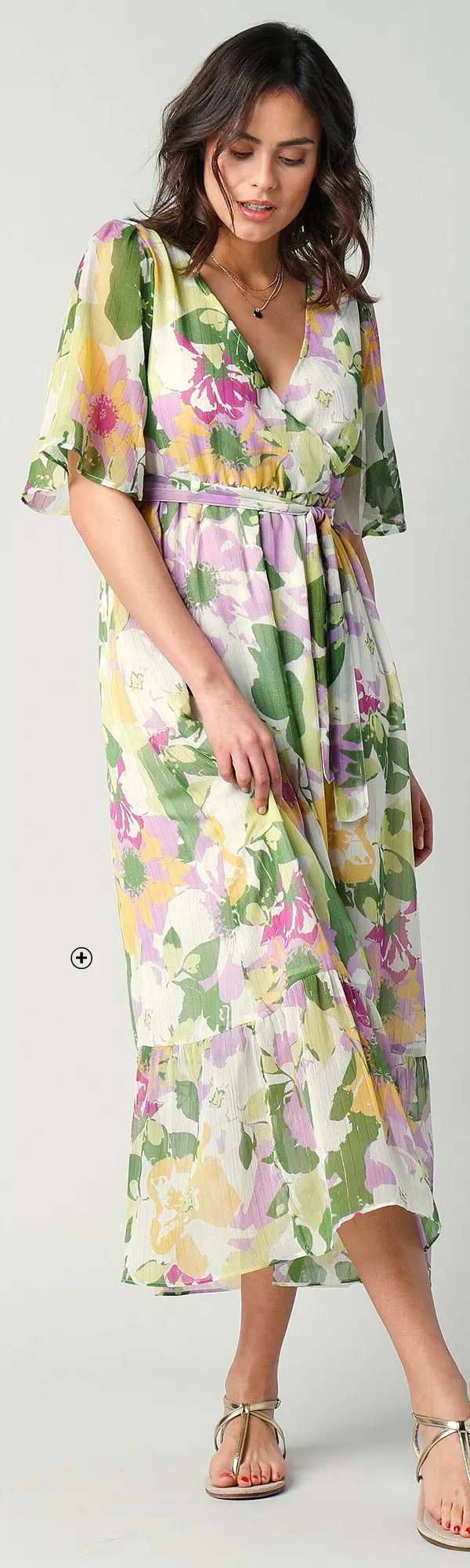 Robe longue d'été pour femme effet cache-coeur beige et vert imprimé floral XXL pas cher | Blancheporte