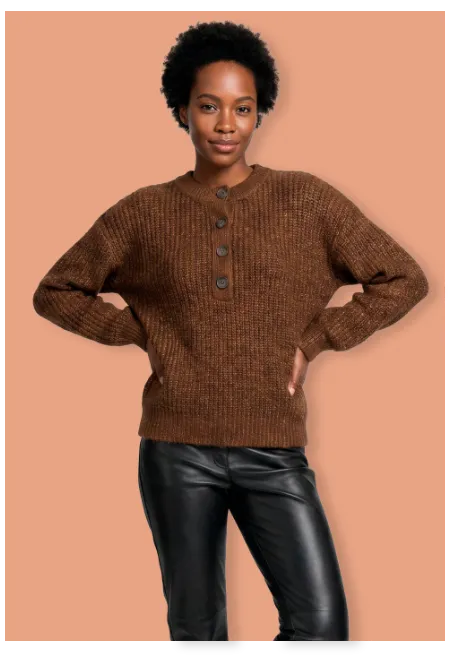 Pull loose col tunisien boutonné, maille anglaise - Blog Blancheporte