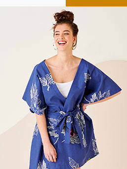 Kimono de voyage coton imprimé, fabrication éco-responsable Kimono ceinturé manches évasées bleu imprimé coton upcycling - Blancheporte