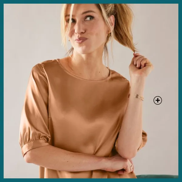 Blouse femme à col rond et manches coudes en satin marron pas cher | Blancheporte