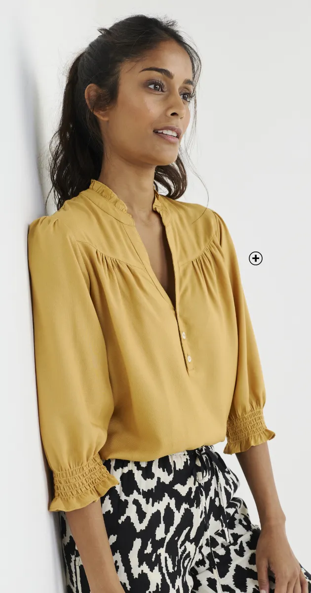  Blouse jaune unie col tunisien manches coudes smockées femme - Blog Blancheporte
