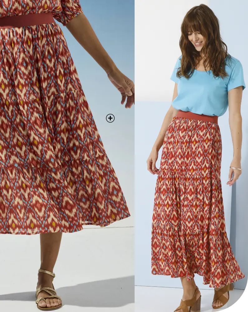 Jupe courte volantée imprimé ikat, alternative légère à la jupe longue | Blancheporte