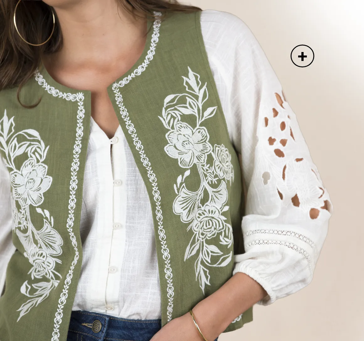 Veste brodée sans manches, coton, détails brodés, coloris écru et kaki, coupe droite - Blog Blancheporte