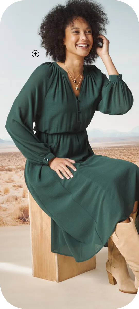 Robe longue évasée à manches blousantes, coupe fluide qui affine visuellement – quel style de robe amincit | Blancheporte