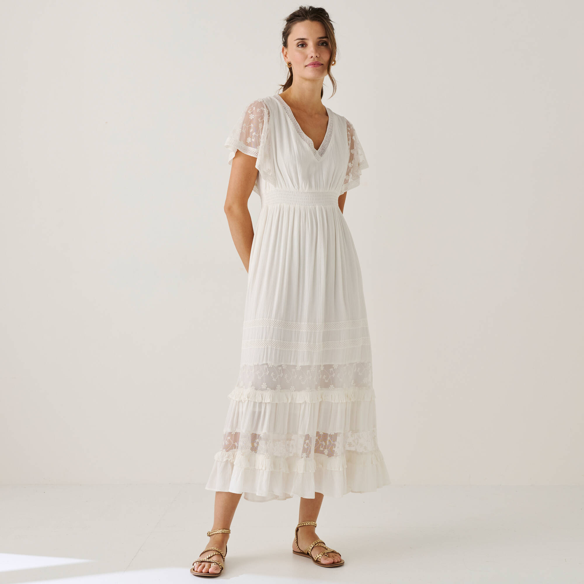 Robe longue crépon et tulle brodé - Blancheporte