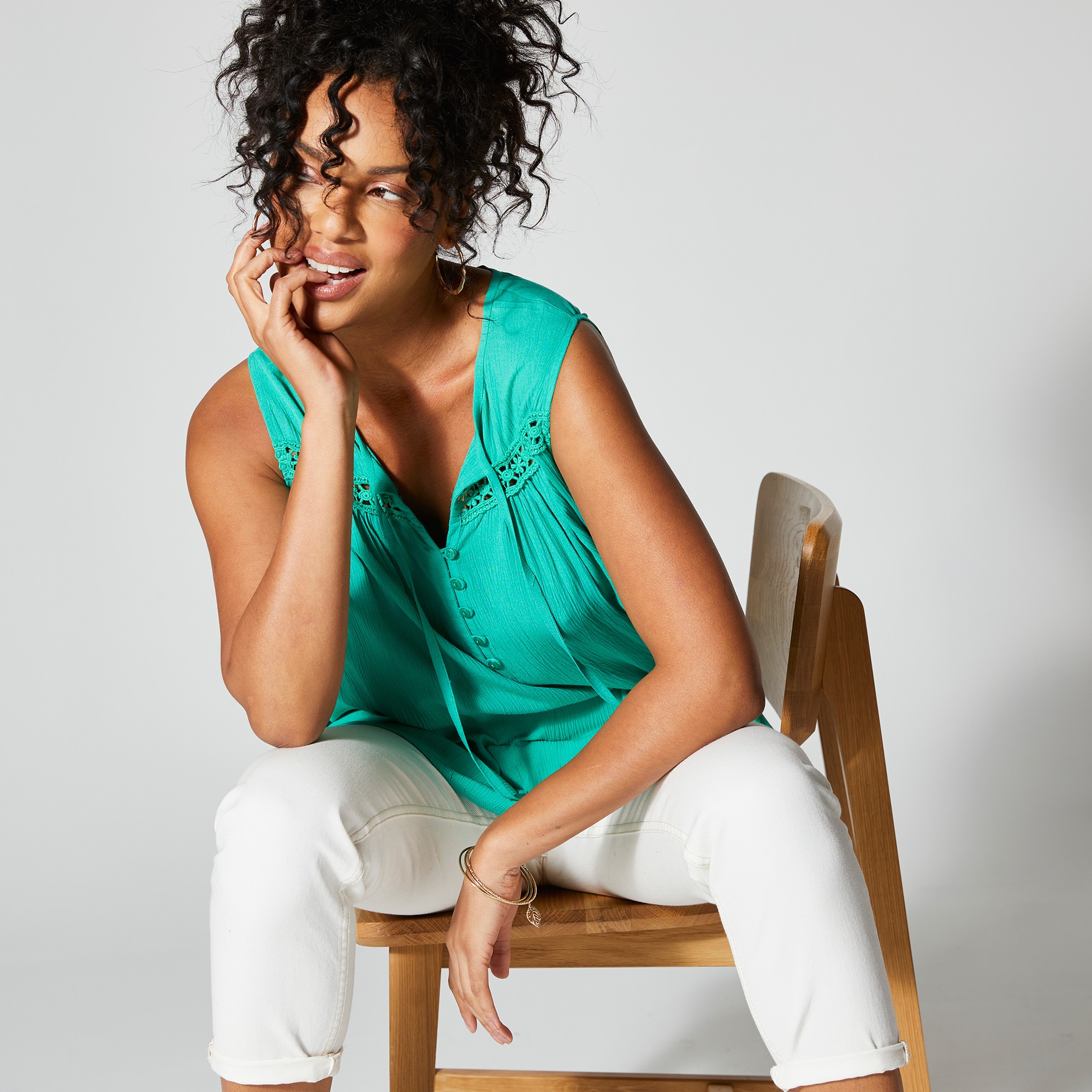 Tunique Unie Sans Manches, Crépon Et Macramé - Blancheporte