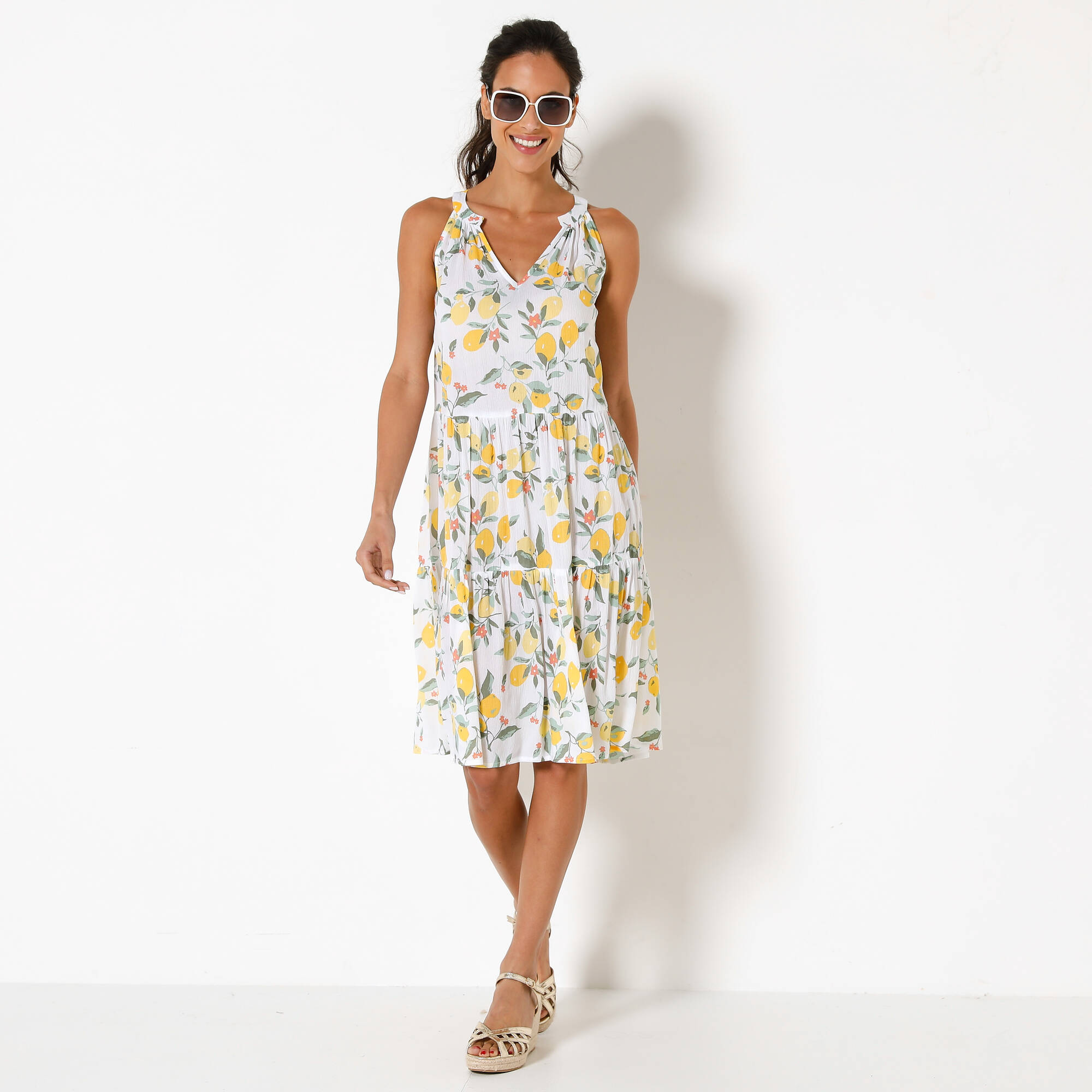 Robe à volants imprimé citrons emmanchures américaines, crépon