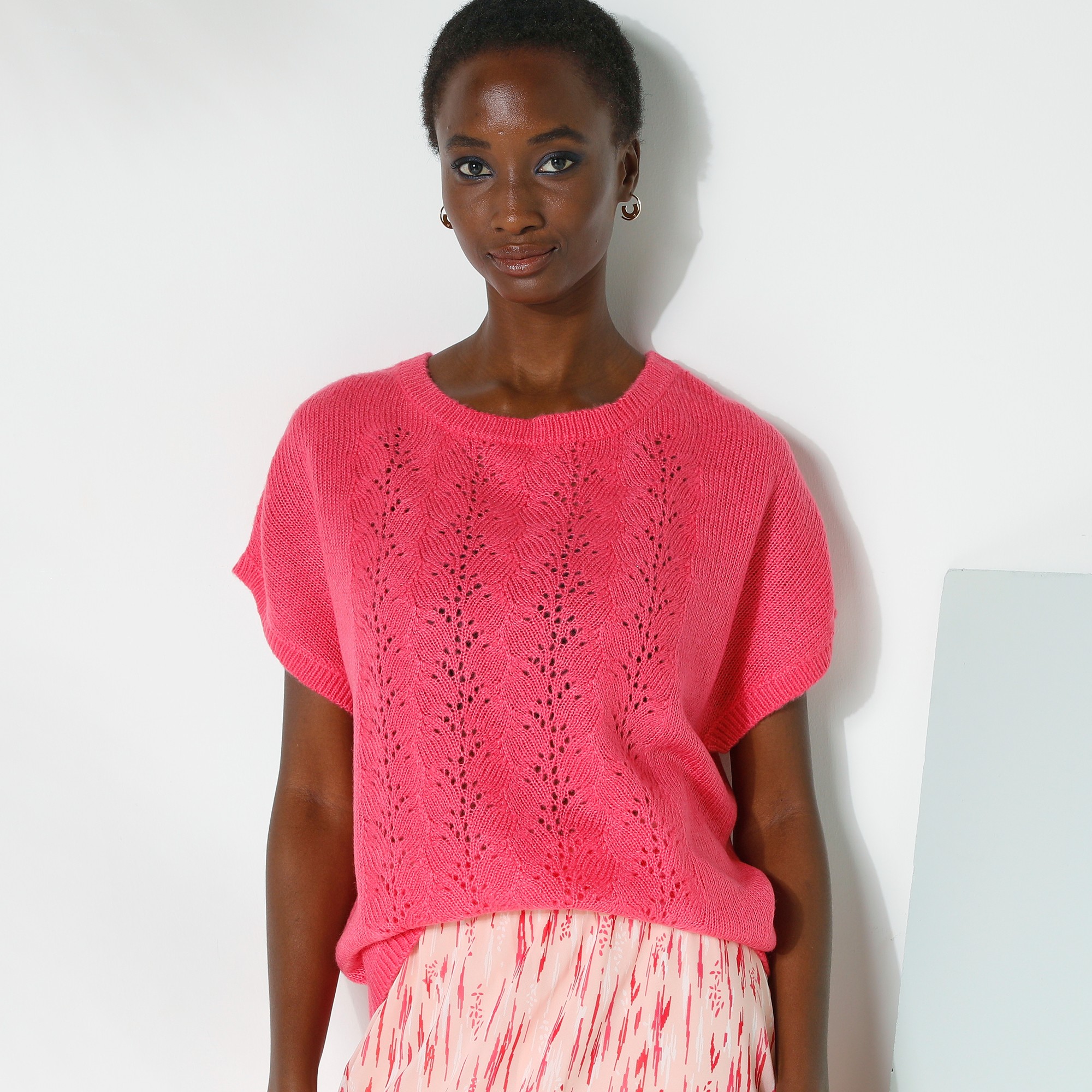 Pull Manches Courtes, Maille Ajourée Toucher Mohair - Blancheporte