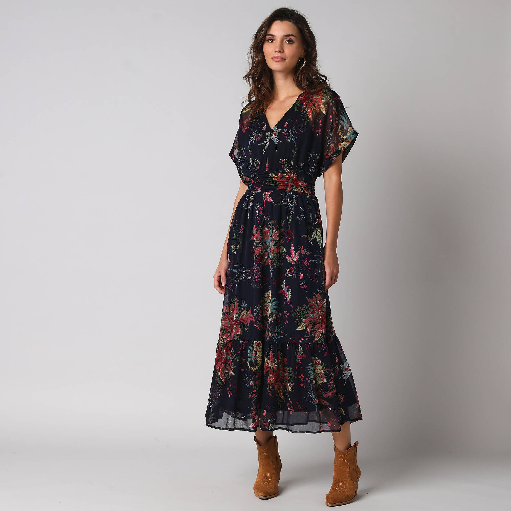 Robe longue col V, voile imprimé floral - Blancheporte