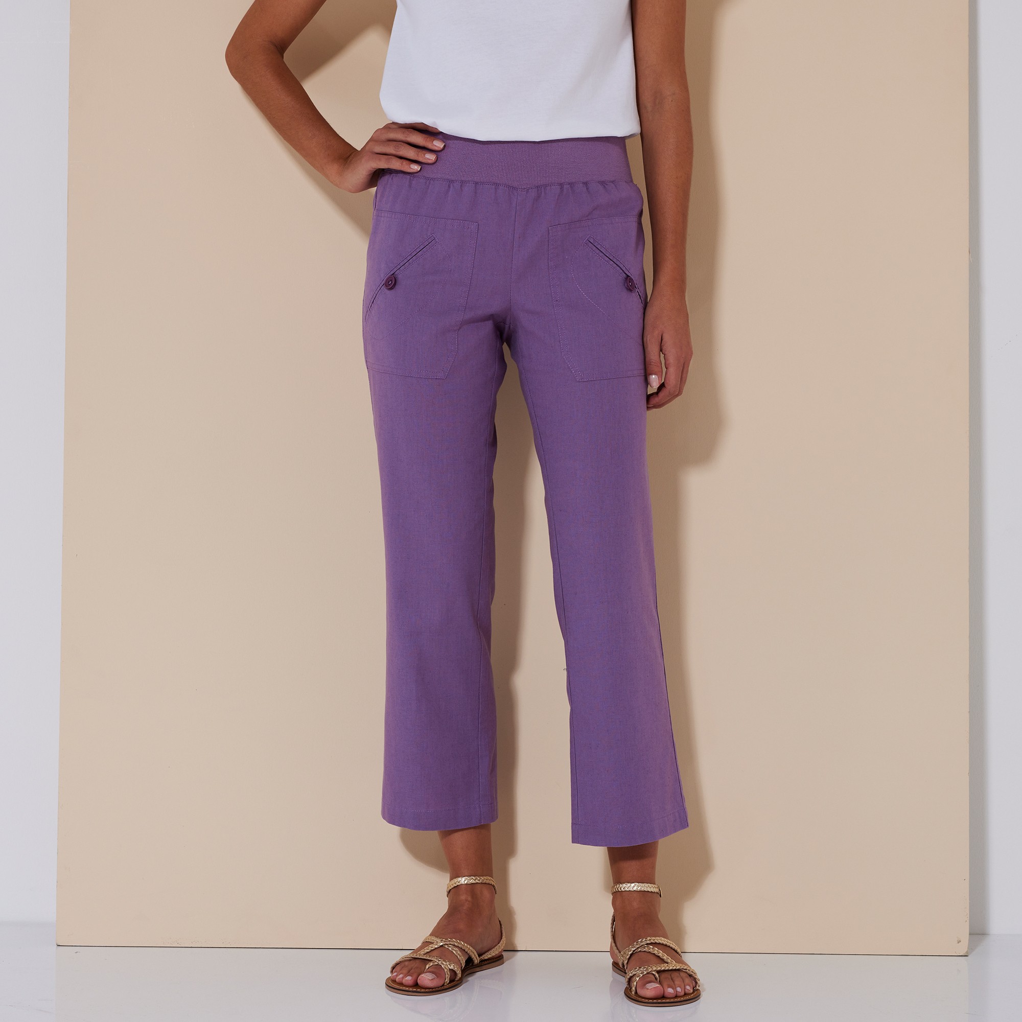 Pantalon Coupe Droite 7/8ème Taille Élastiquée, Lin Coton - Blancheporte