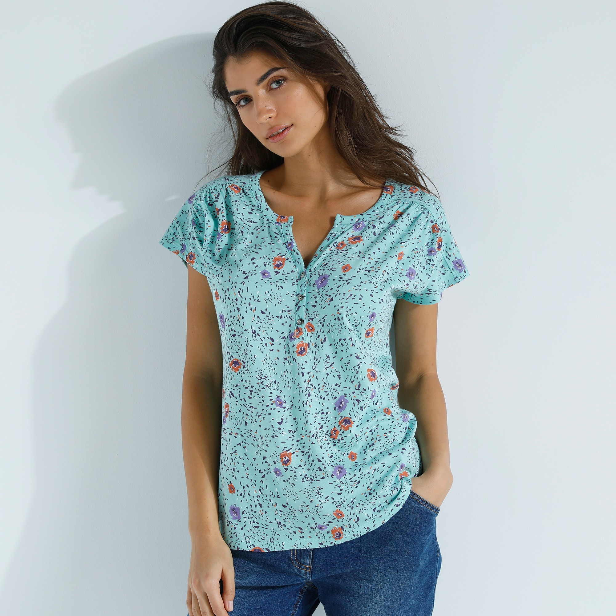 T-shirt Col Tunisien Manches Courtes, Imprimé - Blancheporte