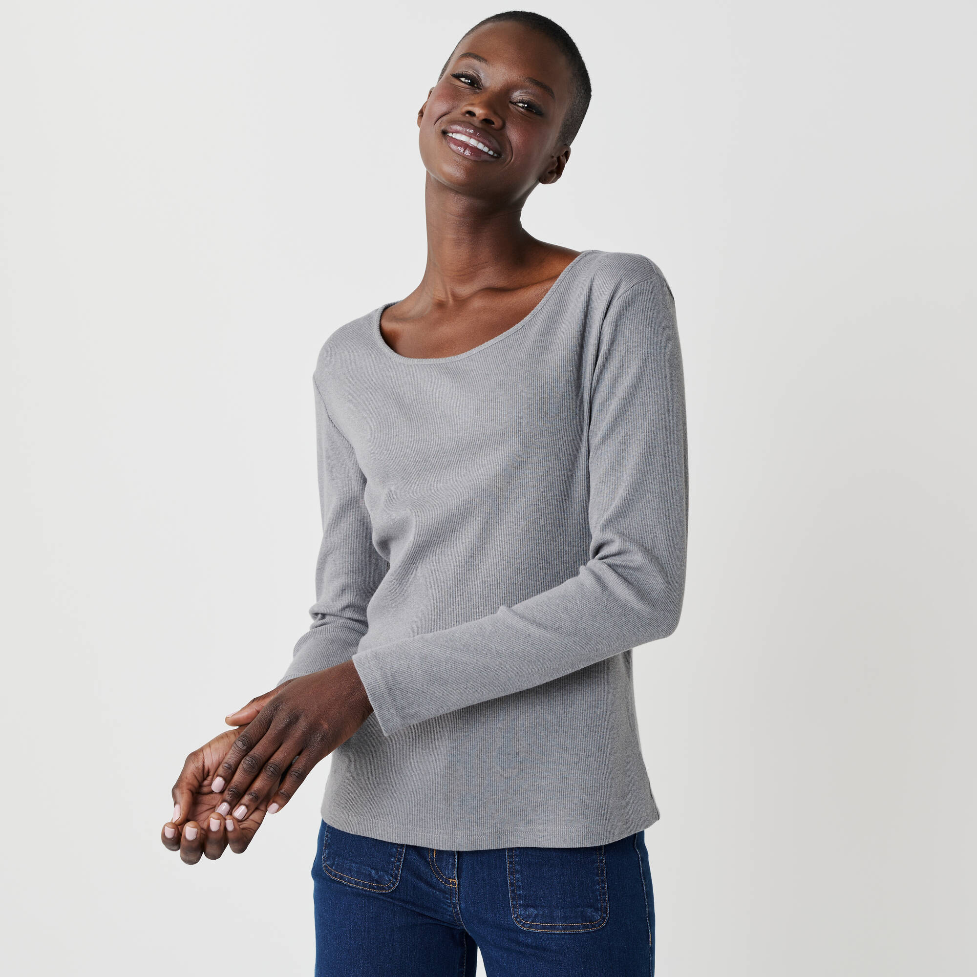 T-shirt col rond en maille ctele manches longues - Blancheporte 18$
