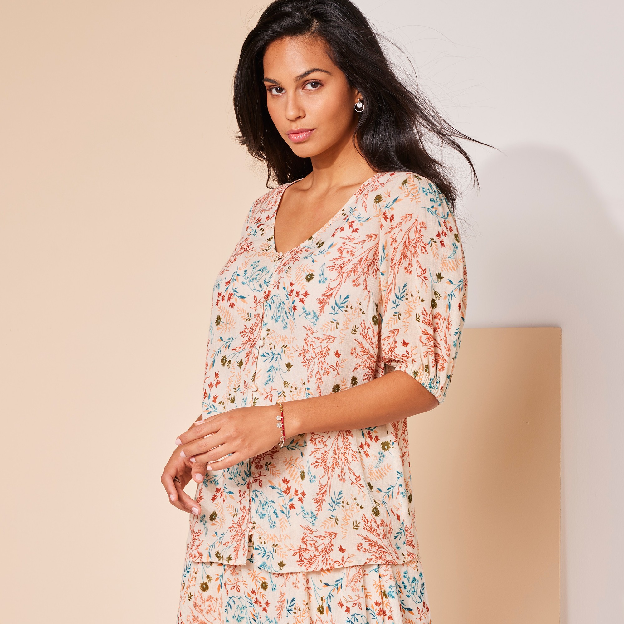 Blouse Boutonnée Imprimé Fleuri, Crépon - Blancheporte