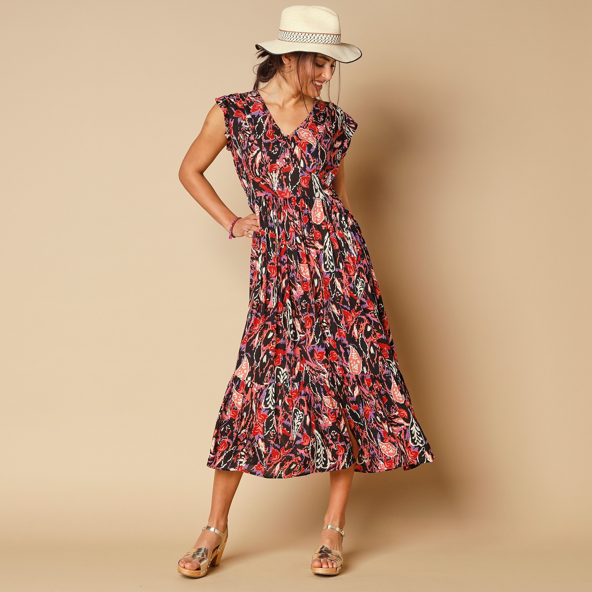 Robe longue imprimée, crépon - 54 - Bleu - Lora Zellini