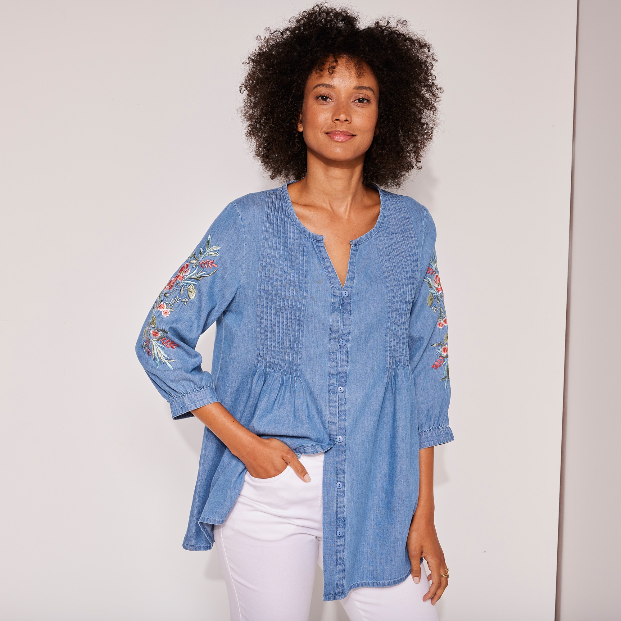 Tunique Boutonnée À Plis Brodée, Jean Léger - Blancheporte