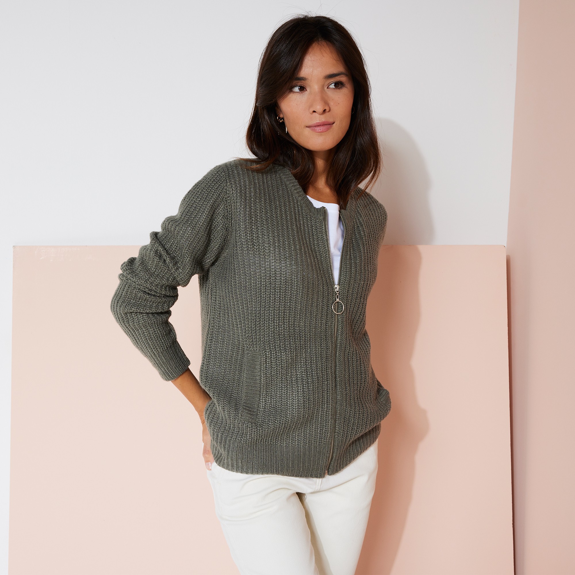 Gilet Zippé Maille Anglaise Toucher Mohair - Blancheporte