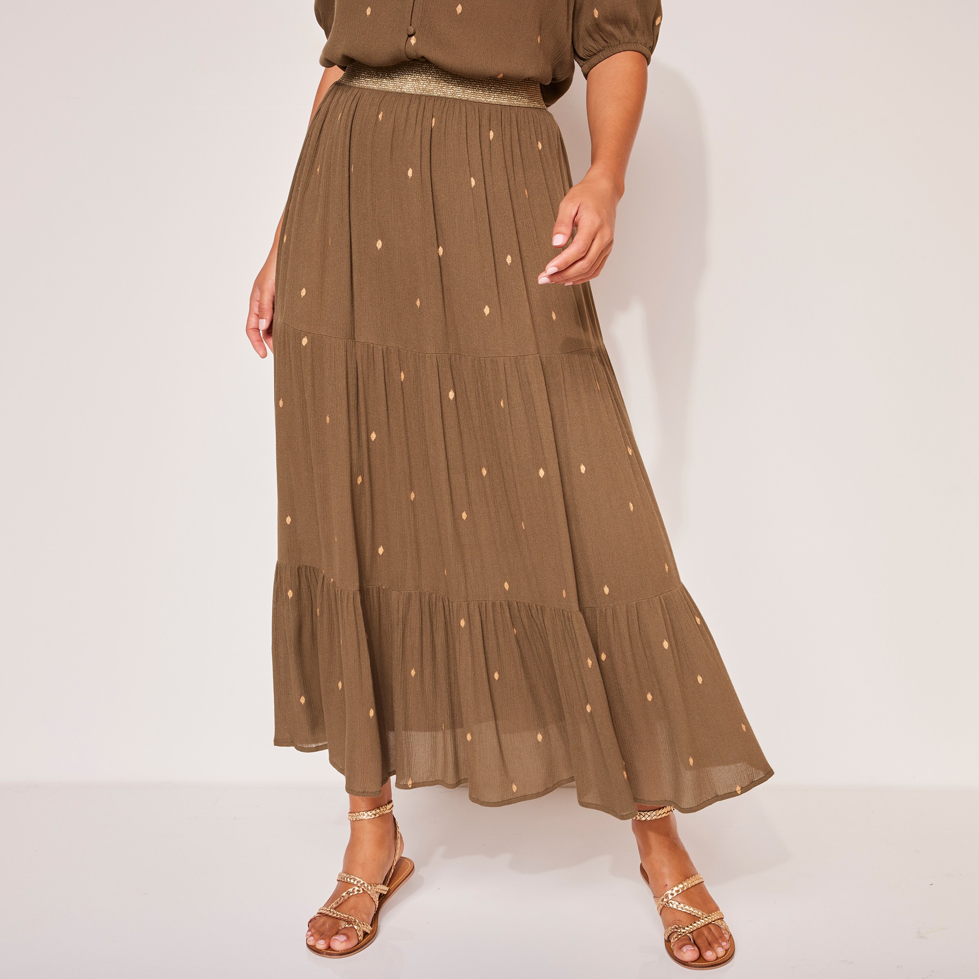 Jupon Long Volanté Imprimé Doré, Crépon - Blancheporte