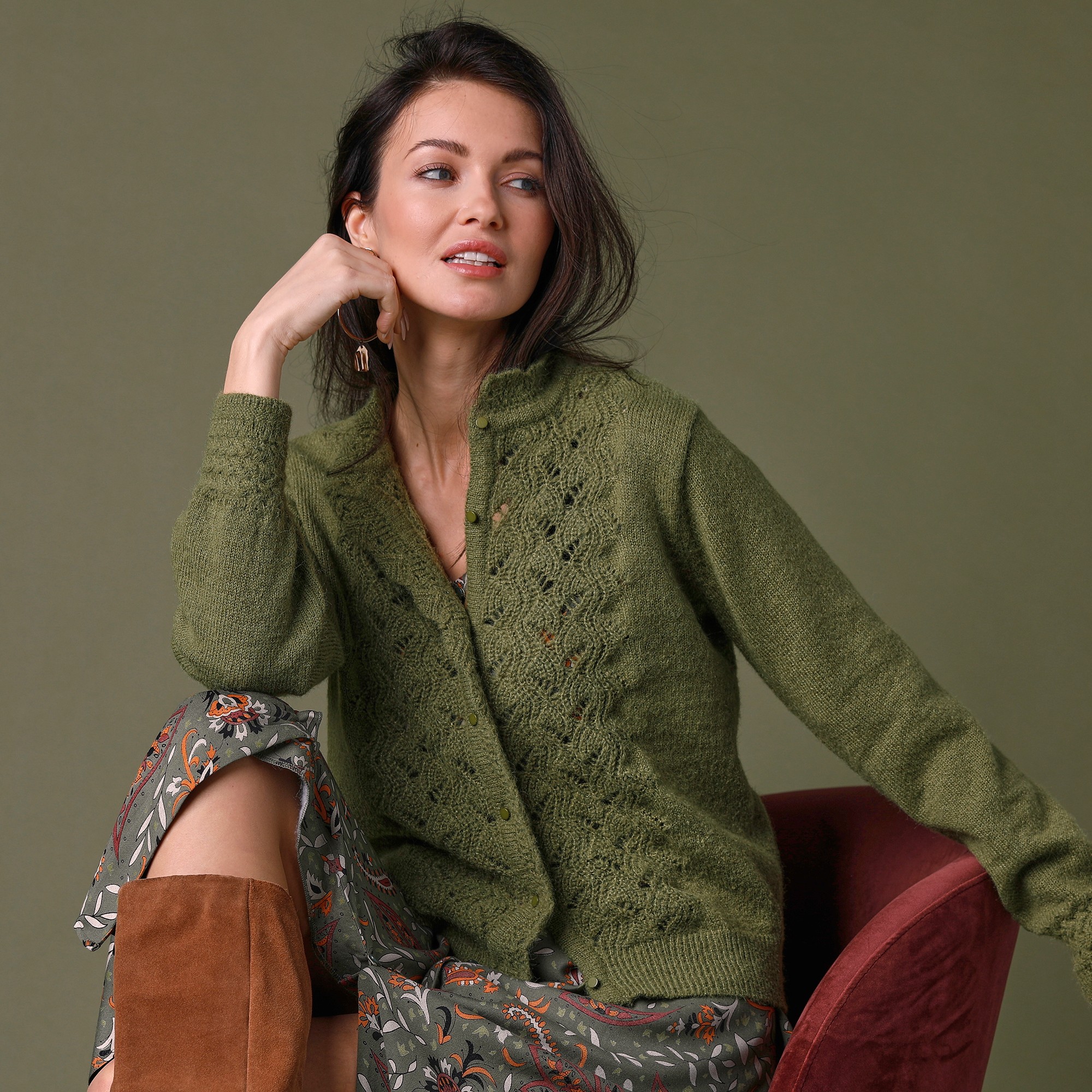 Gilet boutonné col montant, maille fantaisie - 54 - Vert - Lora Zellini