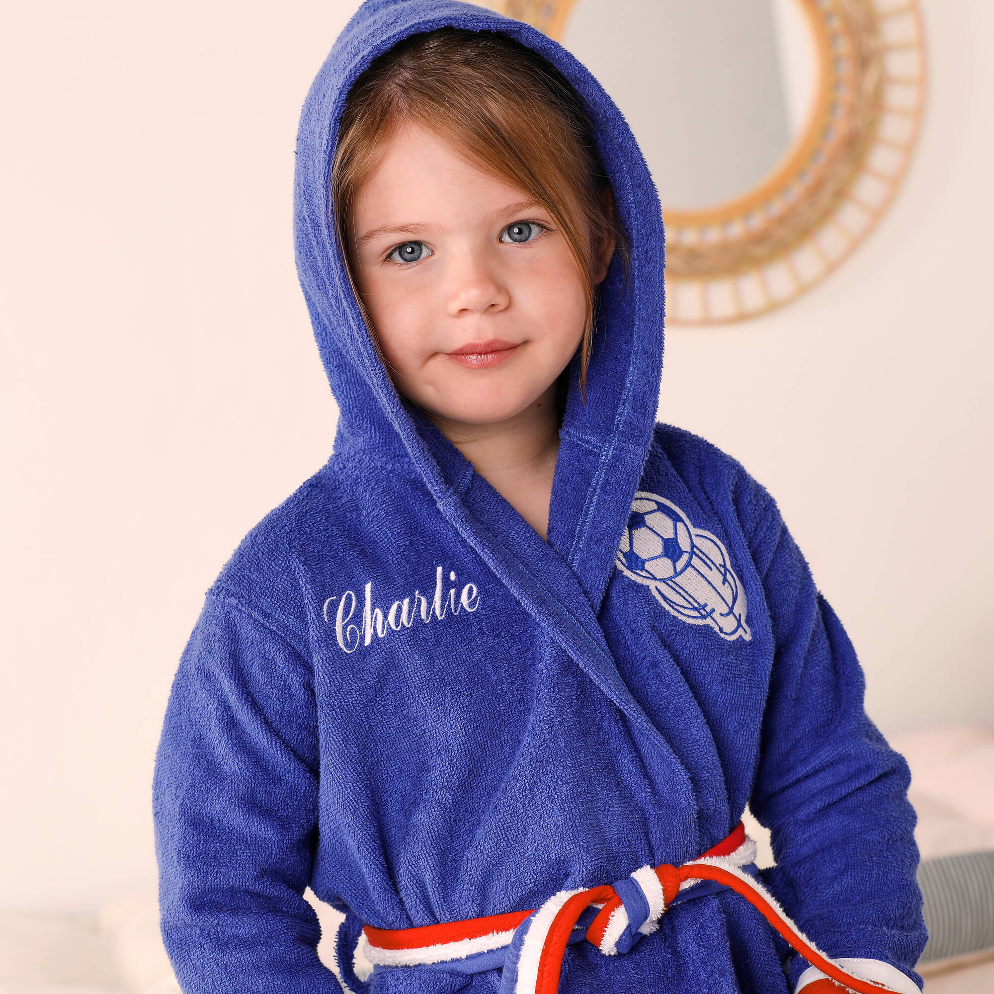 Peignoir de bain enfant personnalisable foot a capuche eponge coton 340 g m bleu dur Blancheporte