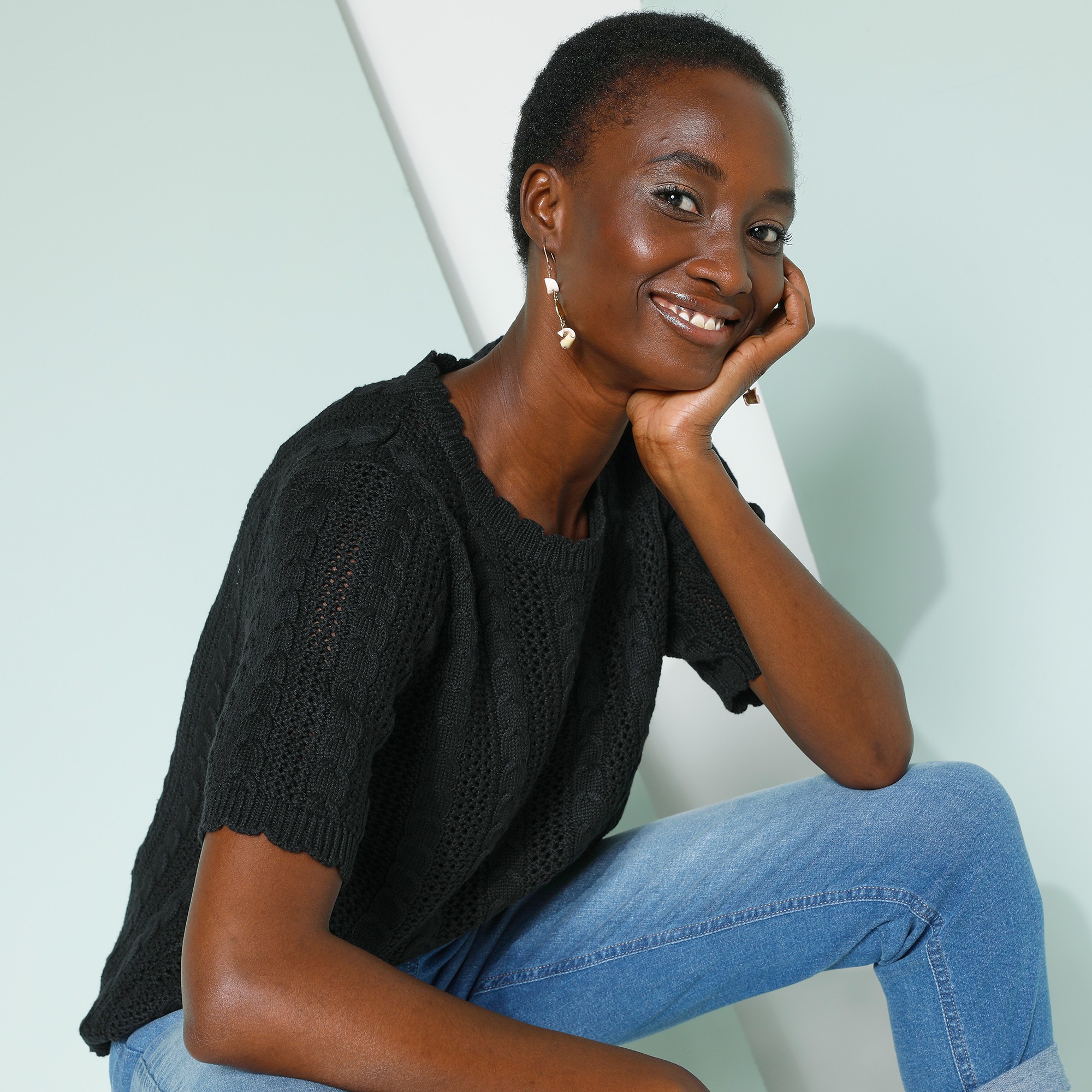 Pull Festonné Manches Courtes, Maille Ajourée Fantaisie - Blancheporte