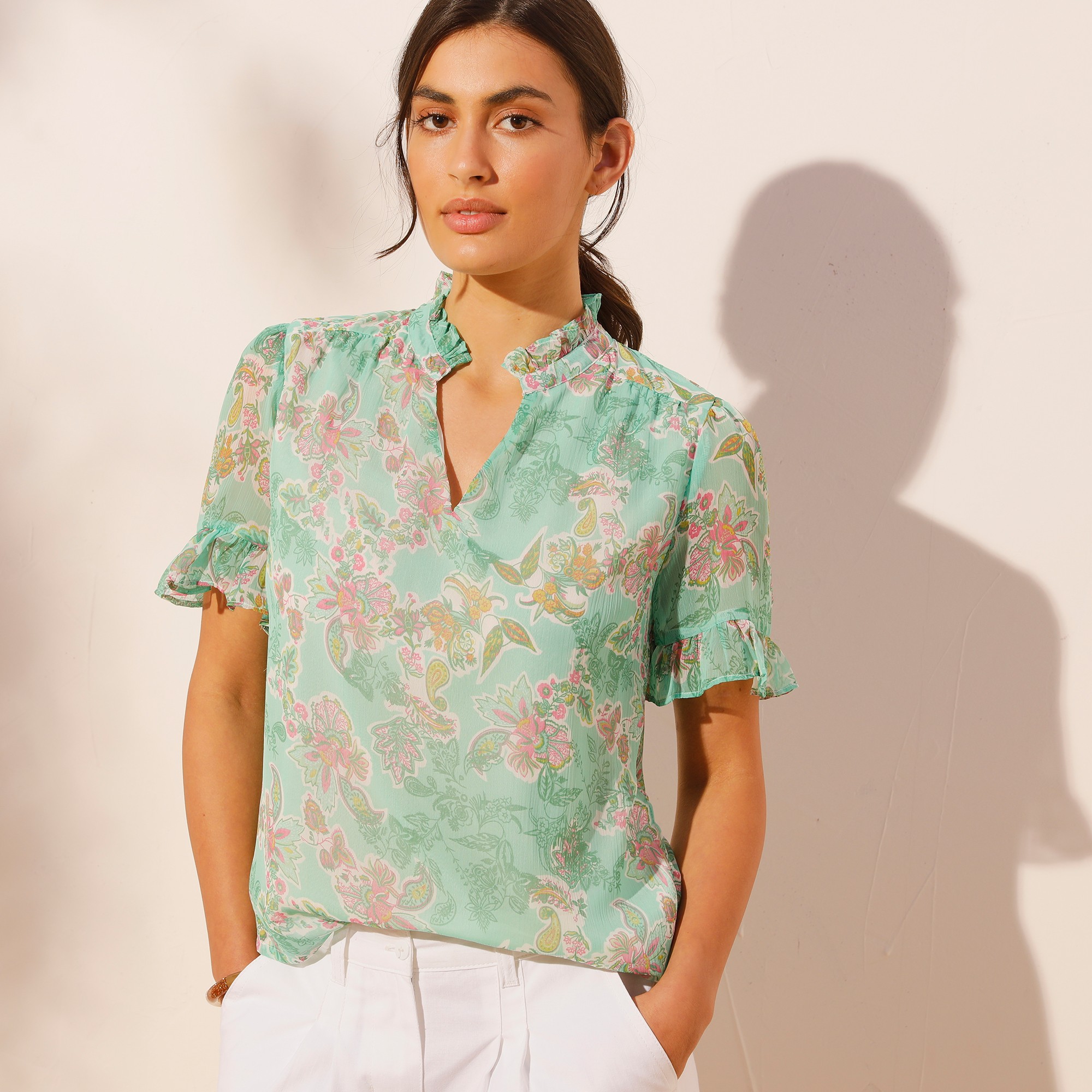 Blouse voile imprimé en polyester recyclé(1) - 54 - Vert - Coeur Au Sud