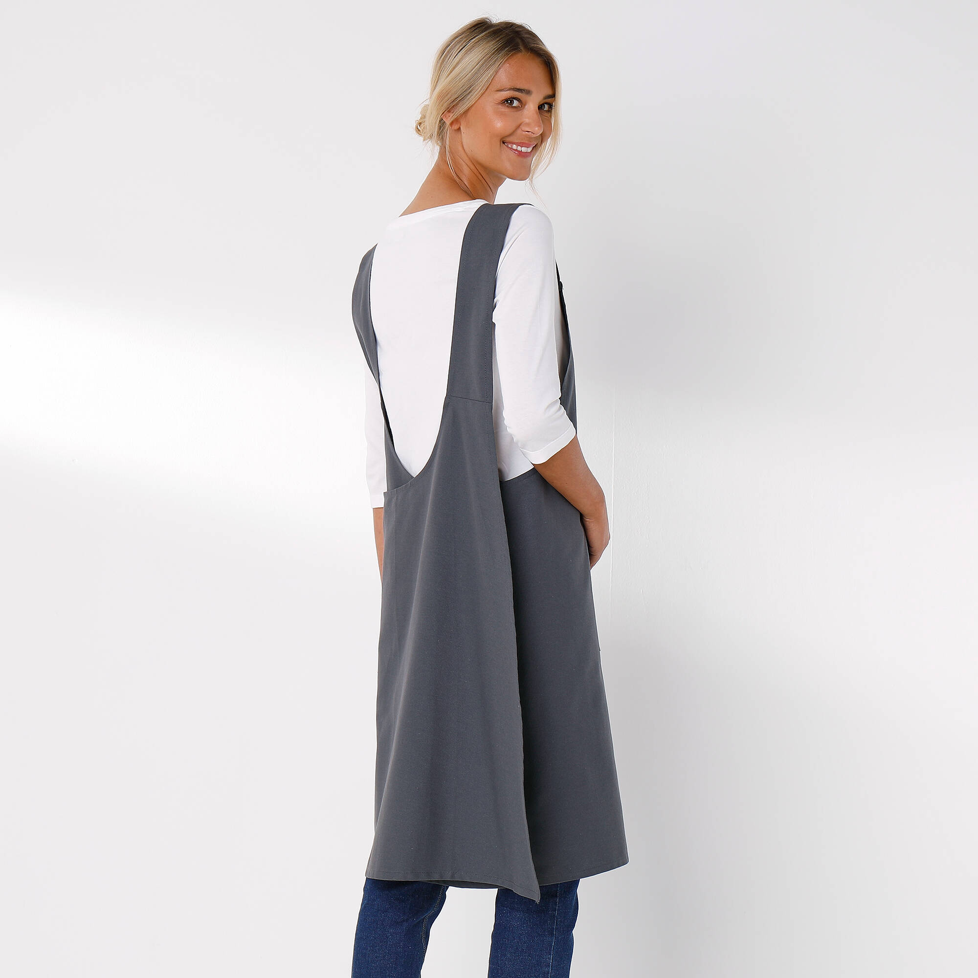 Tablier De Cuisine En Coton Lin Gris - Style Japonais Avec Poches, Bretelles Croisées Pour Chef, Serveuse, Homme Et Femme