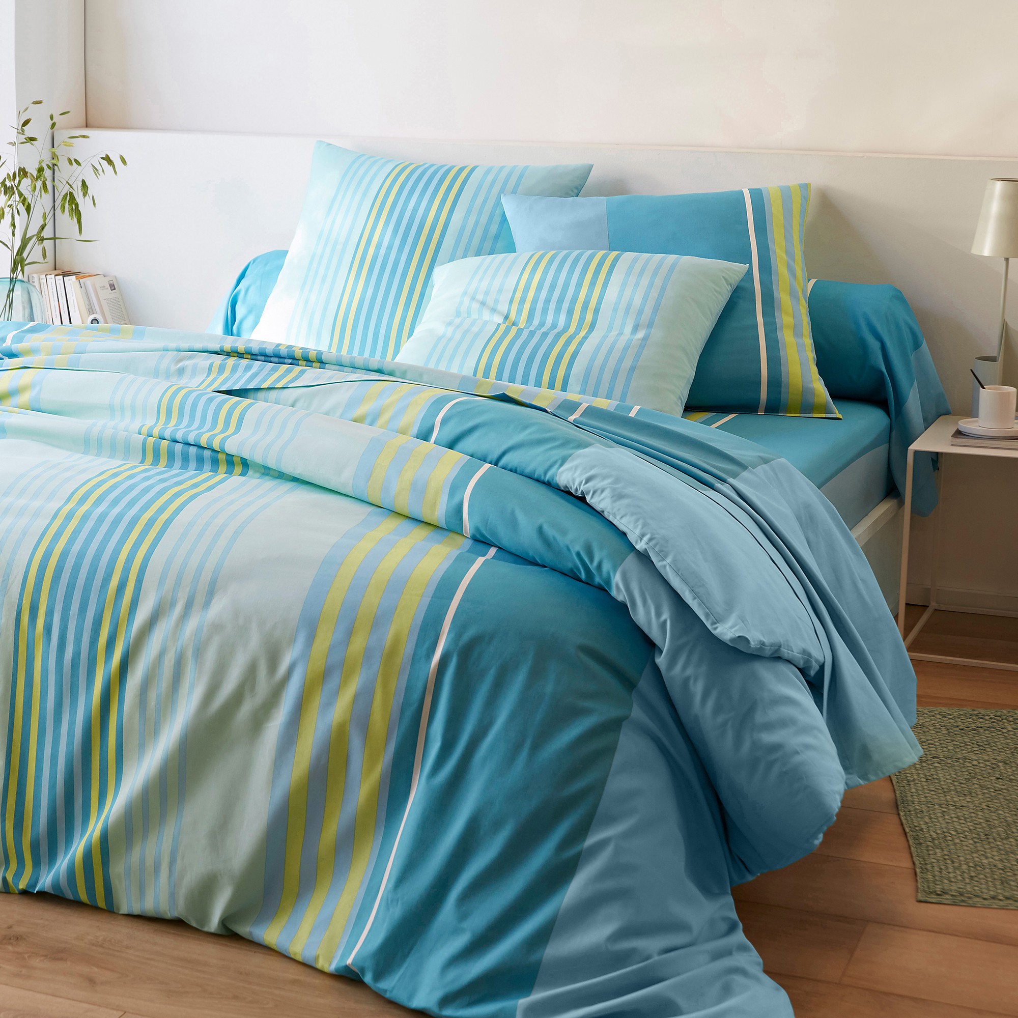 Linge de lit Détroit en coton imprimé rayures - Drap Plat 2 Personnesonnes : 270x300cm - Turquoise -