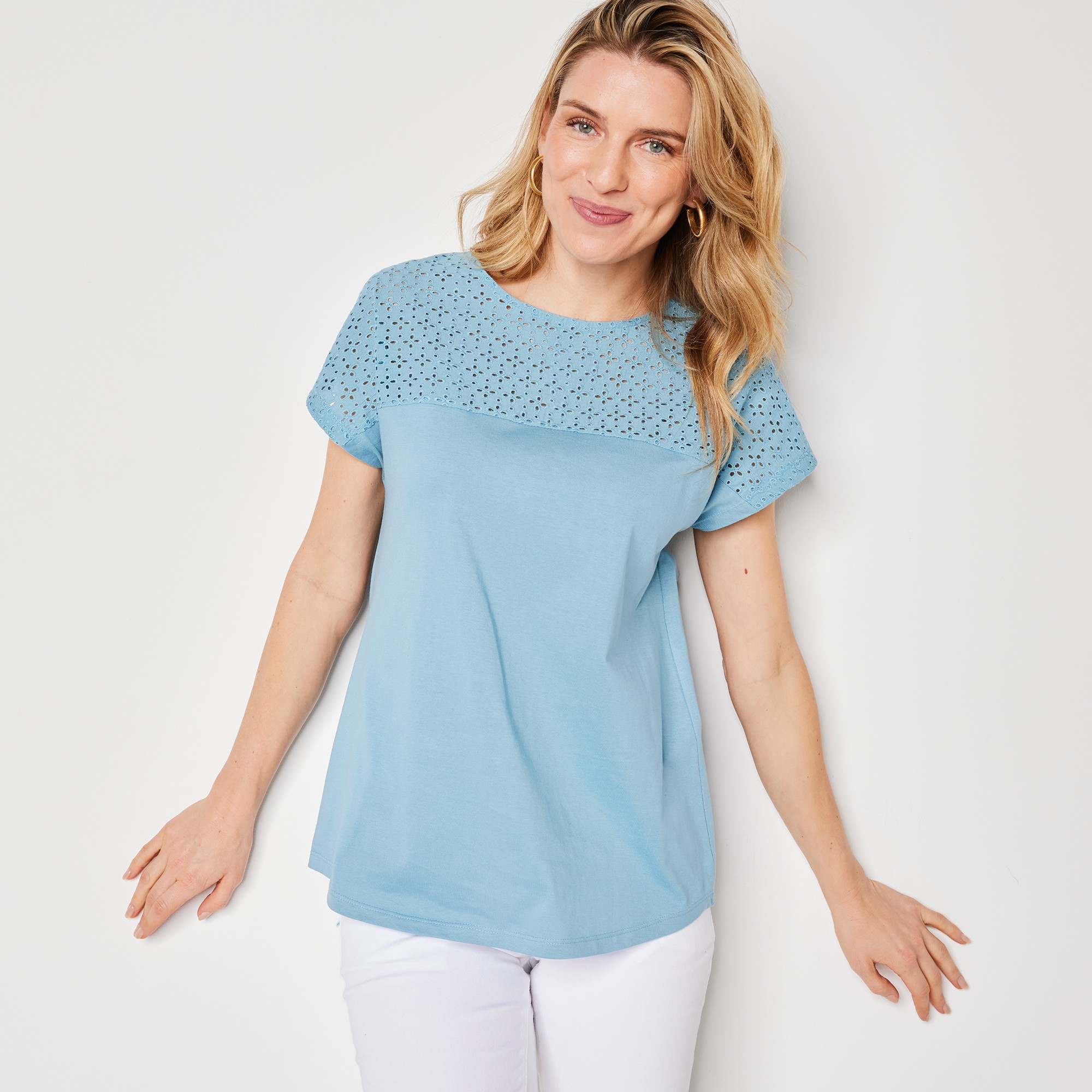 T-shirt Col Rond Manches Courtes, Broderie Anglaise - Blancheporte